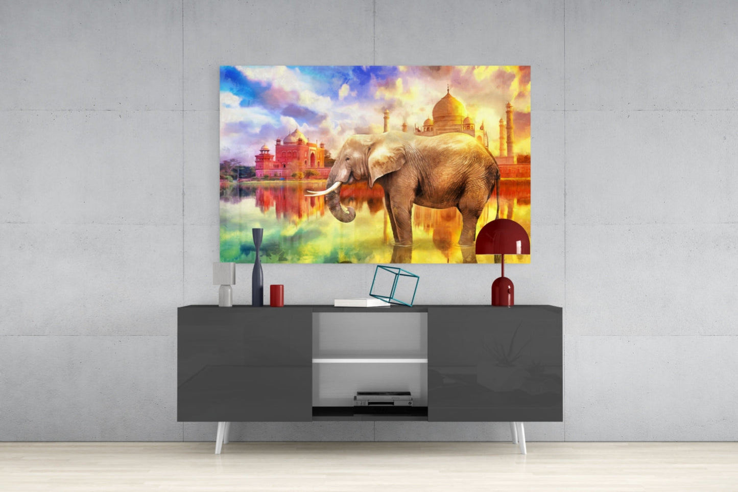Taj Mahal Sunset Elephant Glass Wall Art