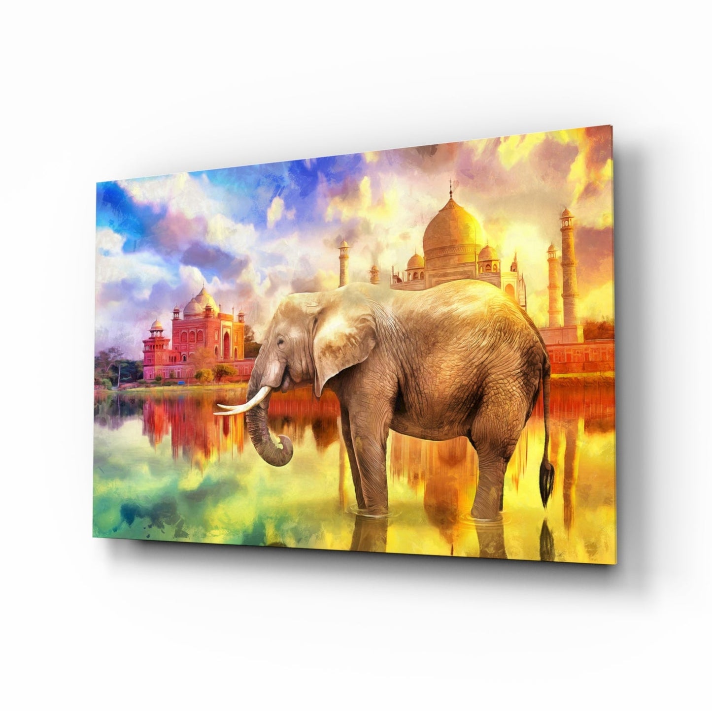 Taj Mahal Sunset Elephant Glass Wall Art