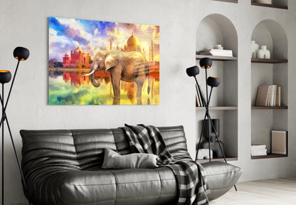 Taj Mahal Sunset Elephant Glass Wall Art