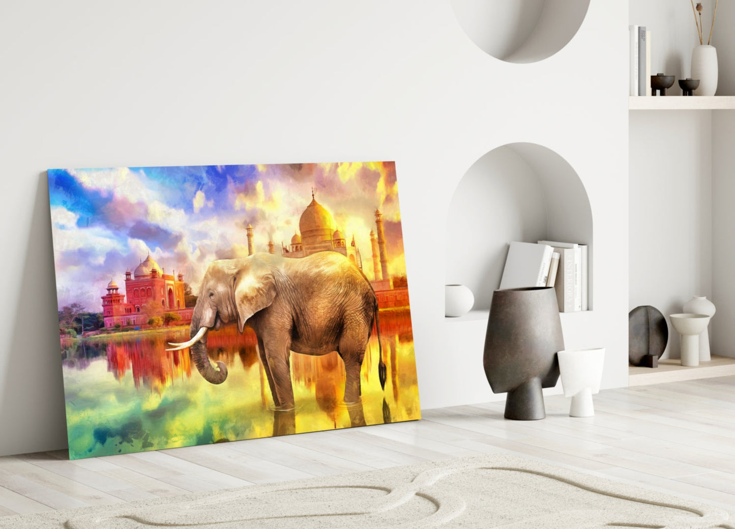 Taj Mahal Sunset Elephant Glass Wall Art