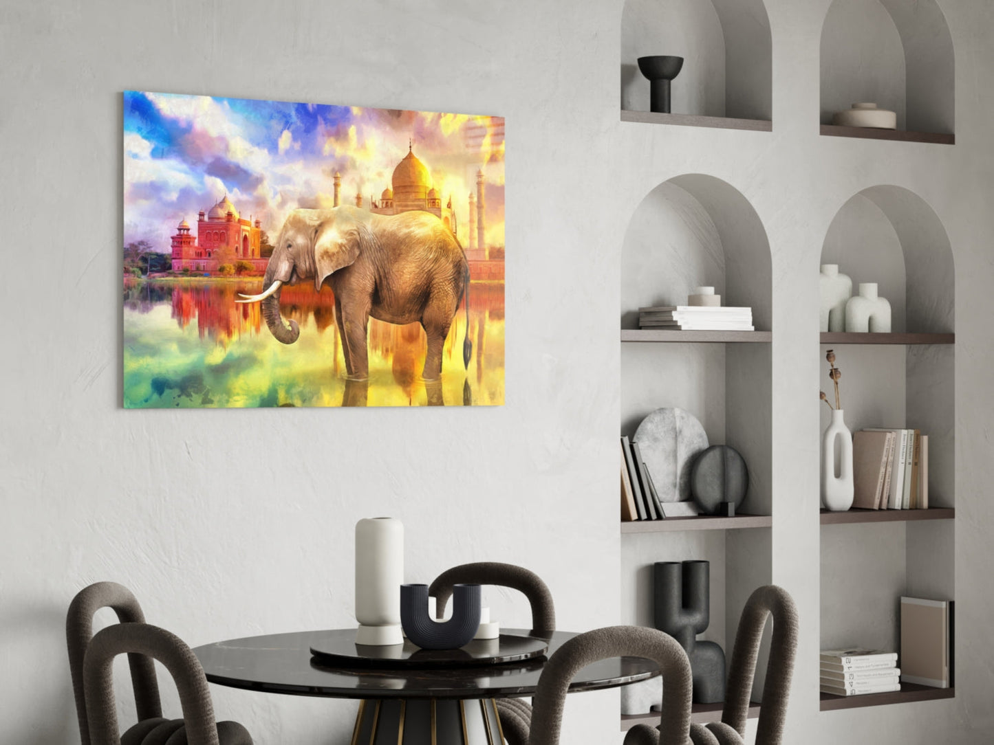 Taj Mahal Sunset Elephant Glass Wall Art