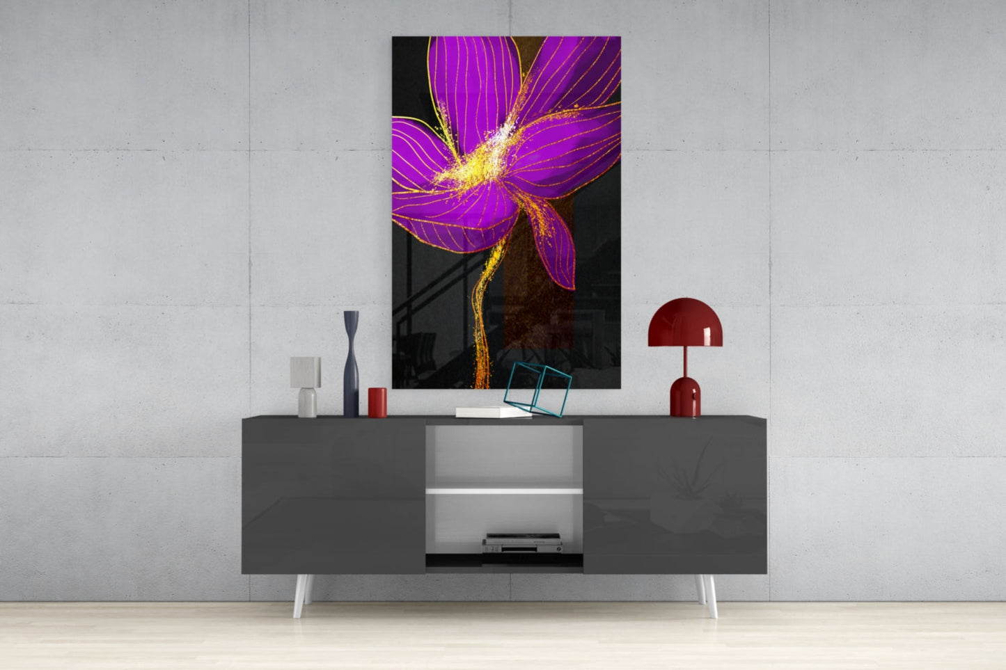 Neon Purple Flower With Gold Splash Glass Wall Art
