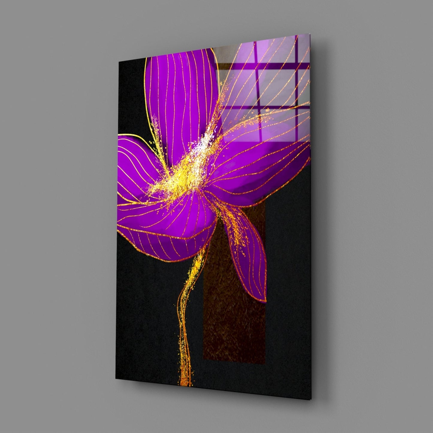 Neon Purple Flower With Gold Splash Glass Wall Art
