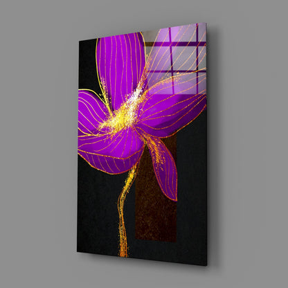 Neon Purple Flower With Gold Splash Glass Wall Art