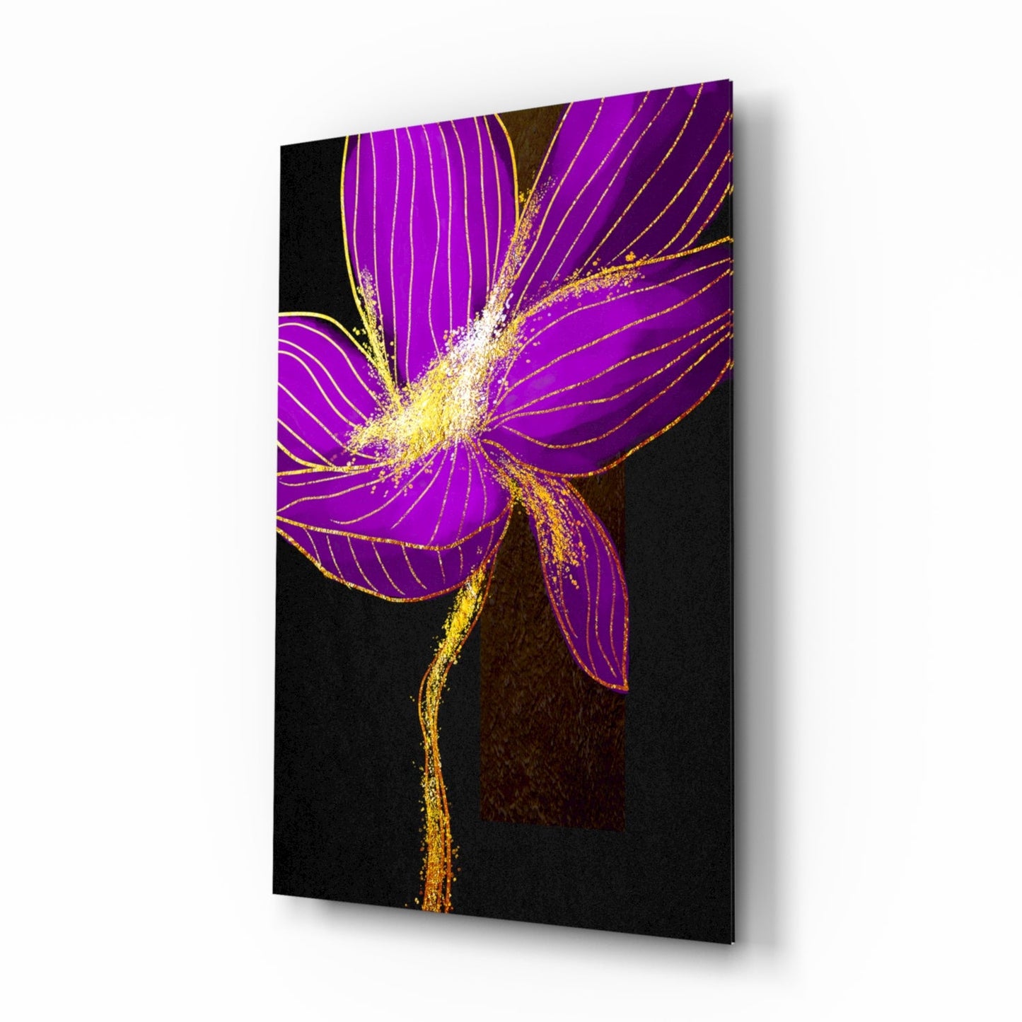 Neon Purple Flower With Gold Splash Glass Wall Art