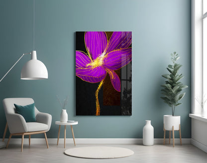 Neon Purple Flower With Gold Splash Glass Wall Art