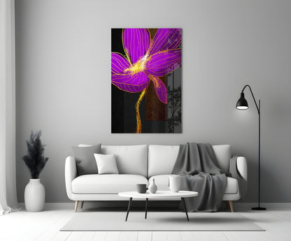 Neon Purple Flower With Gold Splash Glass Wall Art