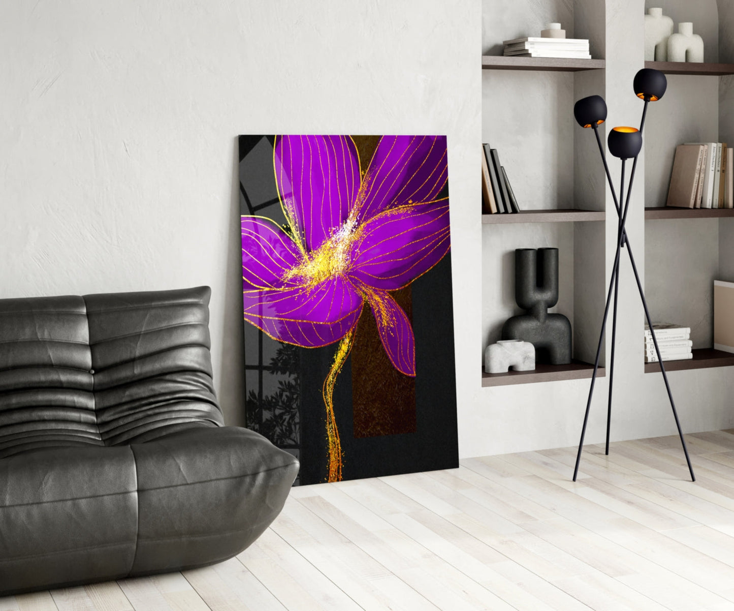 Neon Purple Flower With Gold Splash Glass Wall Art