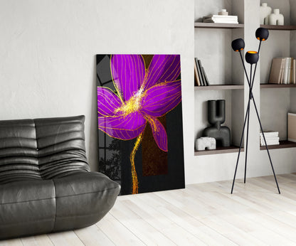 Neon Purple Flower With Gold Splash Glass Wall Art
