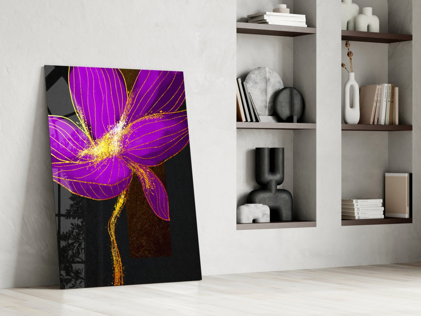 Neon Purple Flower With Gold Splash Glass Wall Art