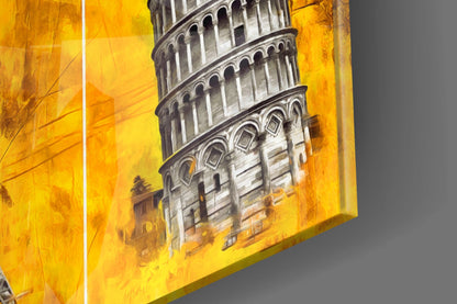 Angled side view of glass wall art displaying the Leaning Tower of Pisa against a vibrant yellow background.