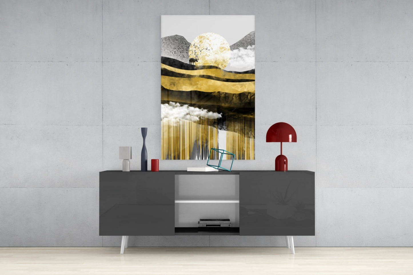 Golden Moon Mountain Landscape Glass Wall Art