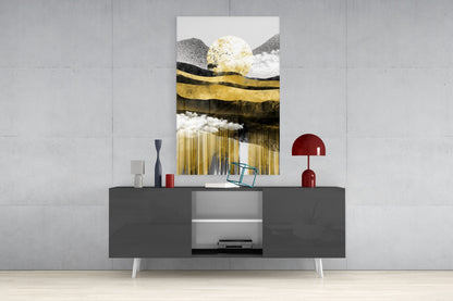 Golden Moon Mountain Landscape Glass Wall Art