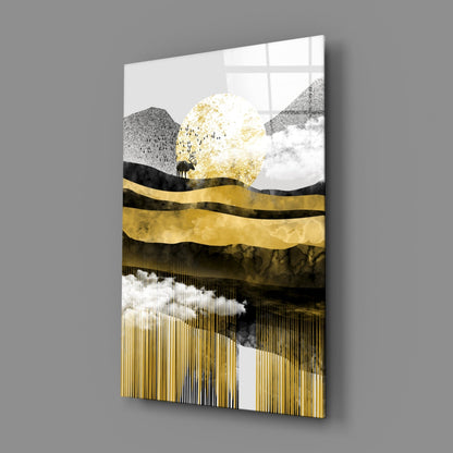 Golden Moon Mountain Landscape Glass Wall Art