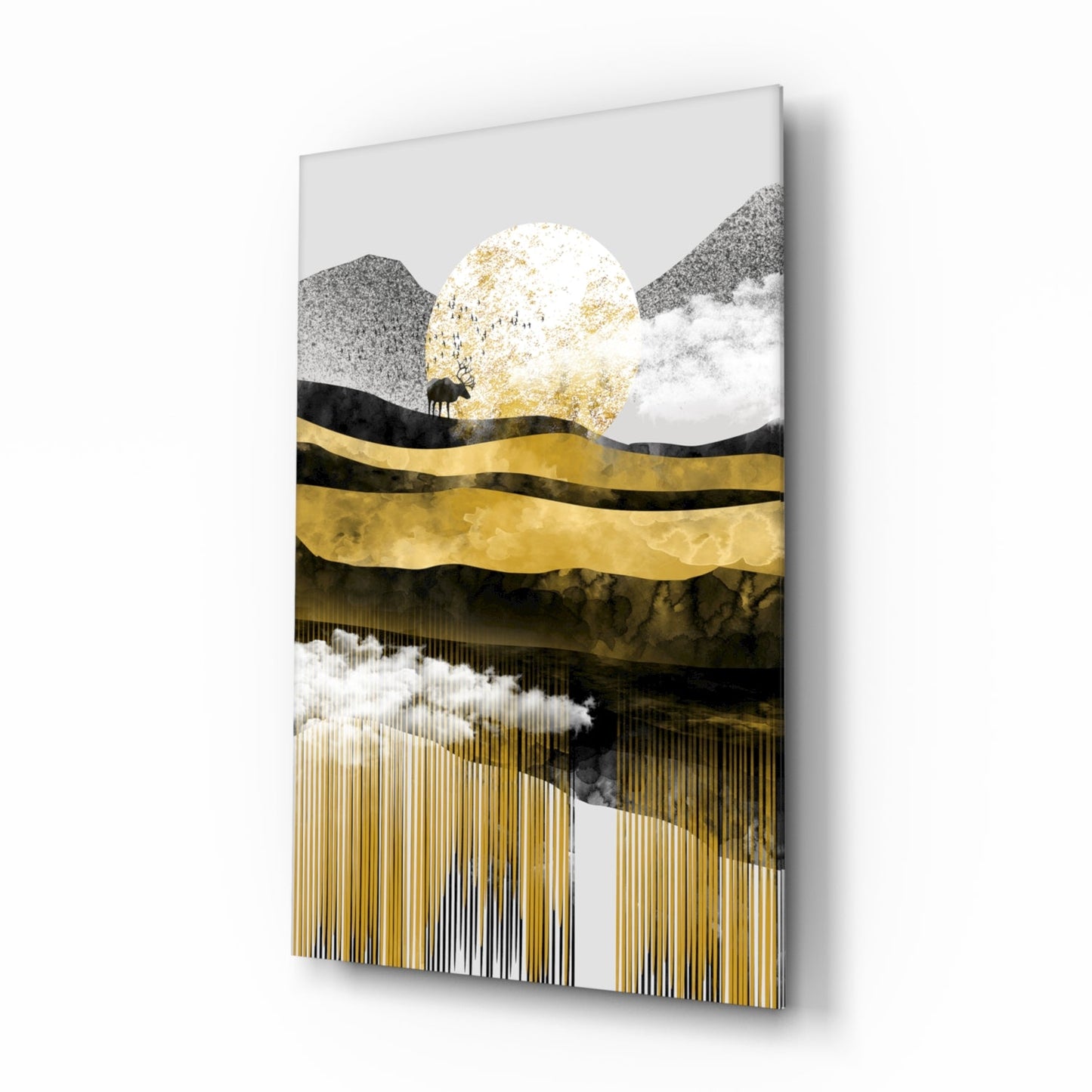Golden Moon Mountain Landscape Glass Wall Art