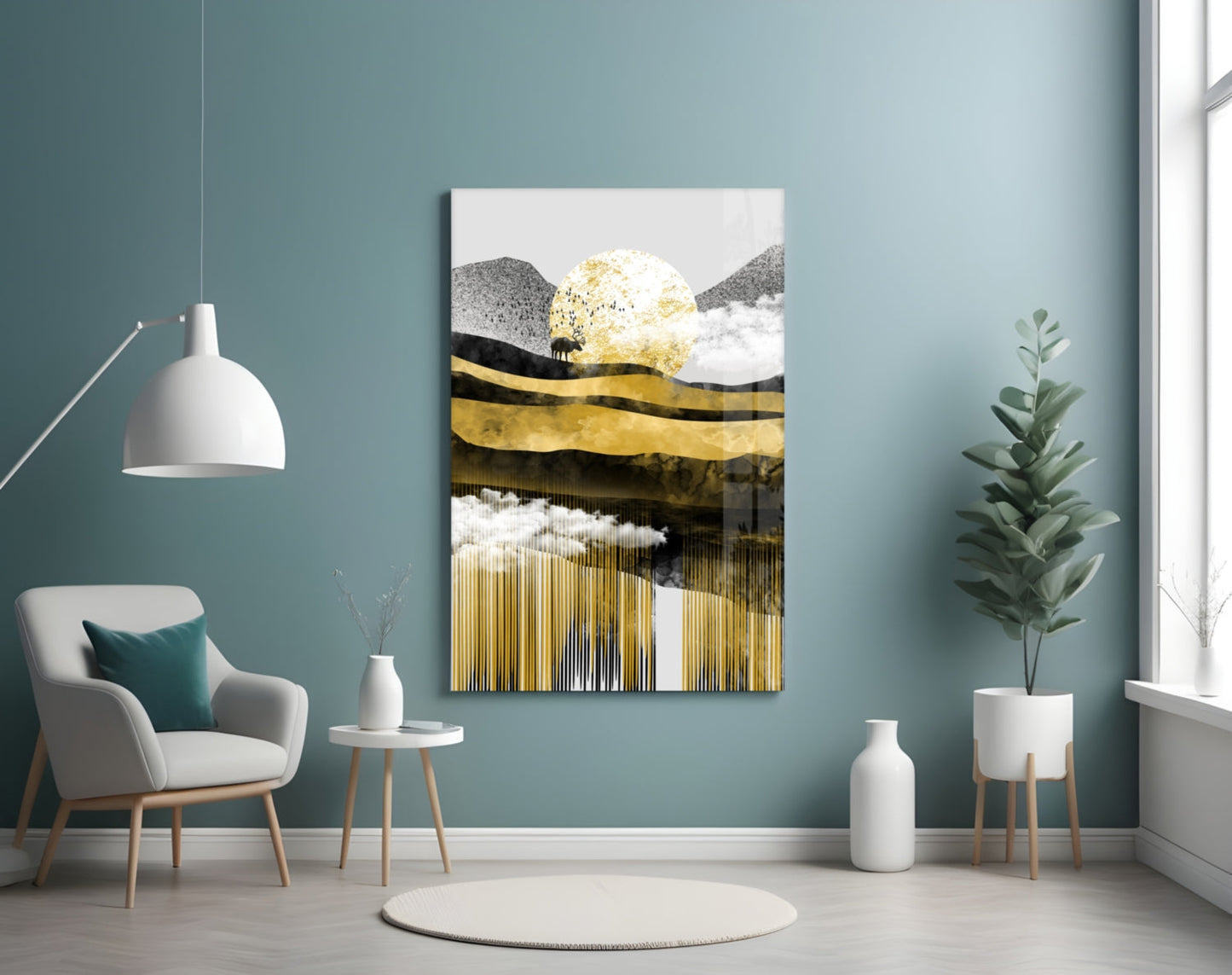 Golden Moon Mountain Landscape Glass Wall Art