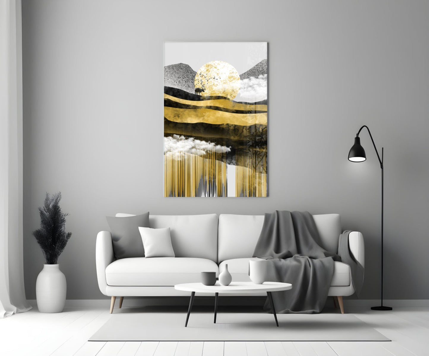 Golden Moon Mountain Landscape Glass Wall Art