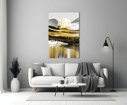 Golden Moon Mountain Landscape Glass Wall Art