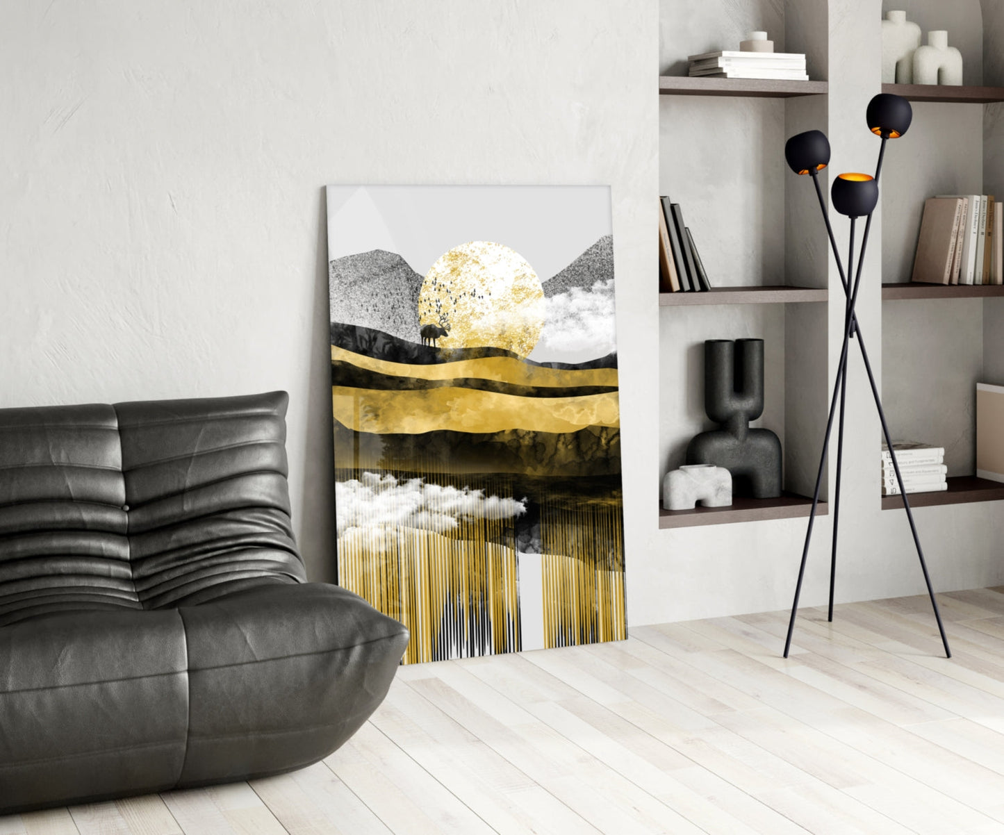 Golden Moon Mountain Landscape Glass Wall Art