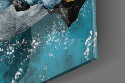 Golden Deer Teal Lake Moon Glass Wall Art
