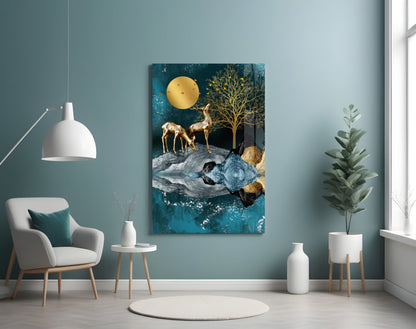 Golden Deer Teal Lake Moon Glass Wall Art