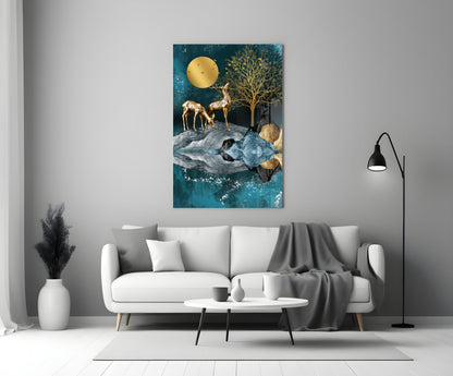 Golden Deer Teal Lake Moon Glass Wall Art