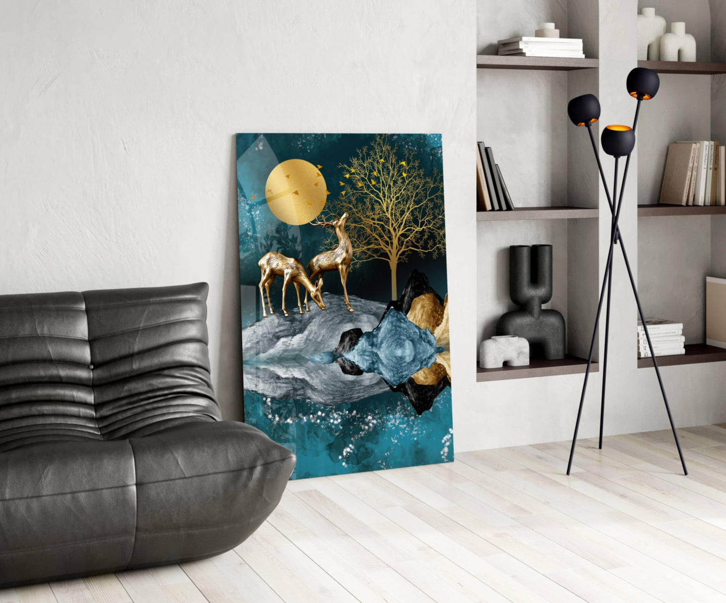 Golden Deer Teal Lake Moon Glass Wall Art