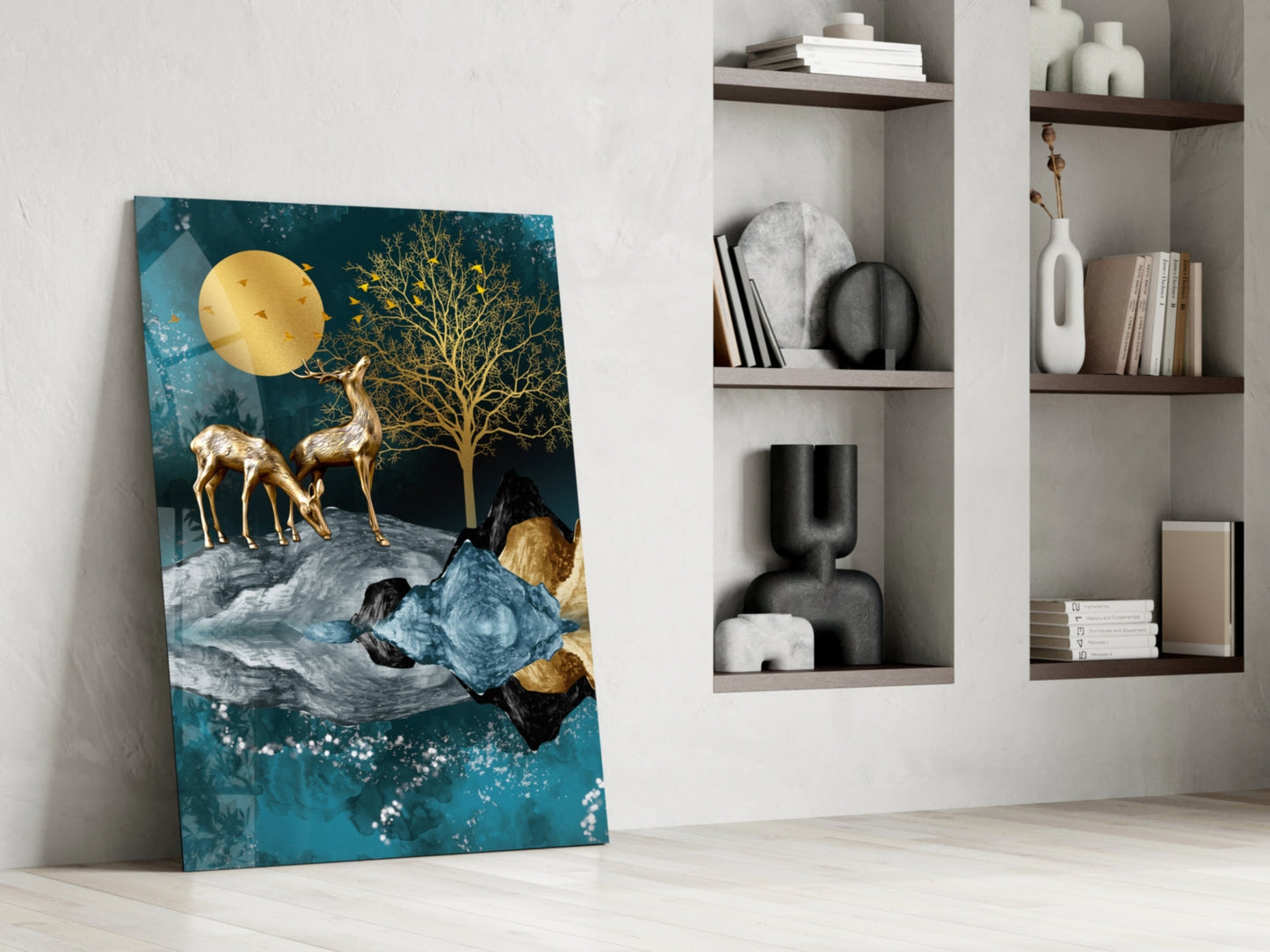 Golden Deer Teal Lake Moon Glass Wall Art