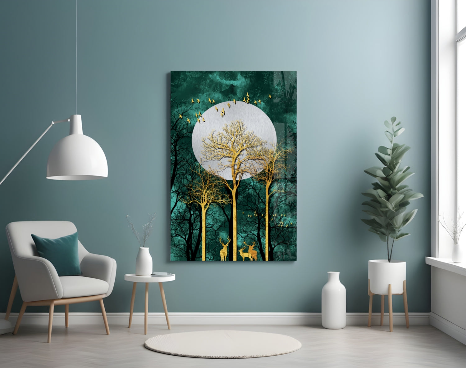 Night Glass Wall Art displayed on teal wall above white chair, showing golden trees and deer beneath white moon with flying birds.