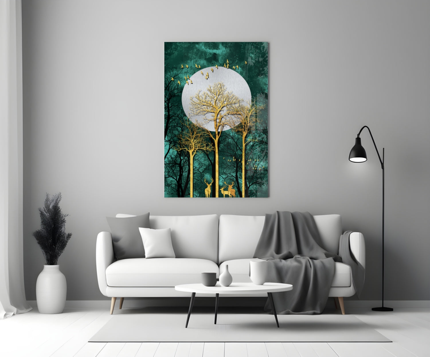 Night Glass Wall Art depicting golden trees beneath a luminous moon against teal forest background, displayed above white sofa in modern living room.