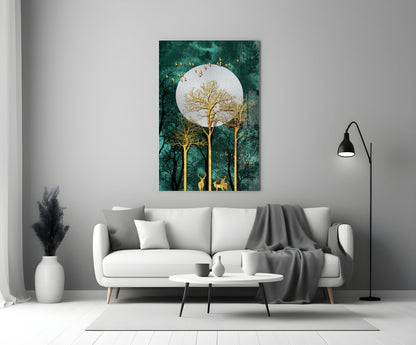 Night Glass Wall Art depicting golden trees beneath a luminous moon against teal forest background, displayed above white sofa in modern living room.