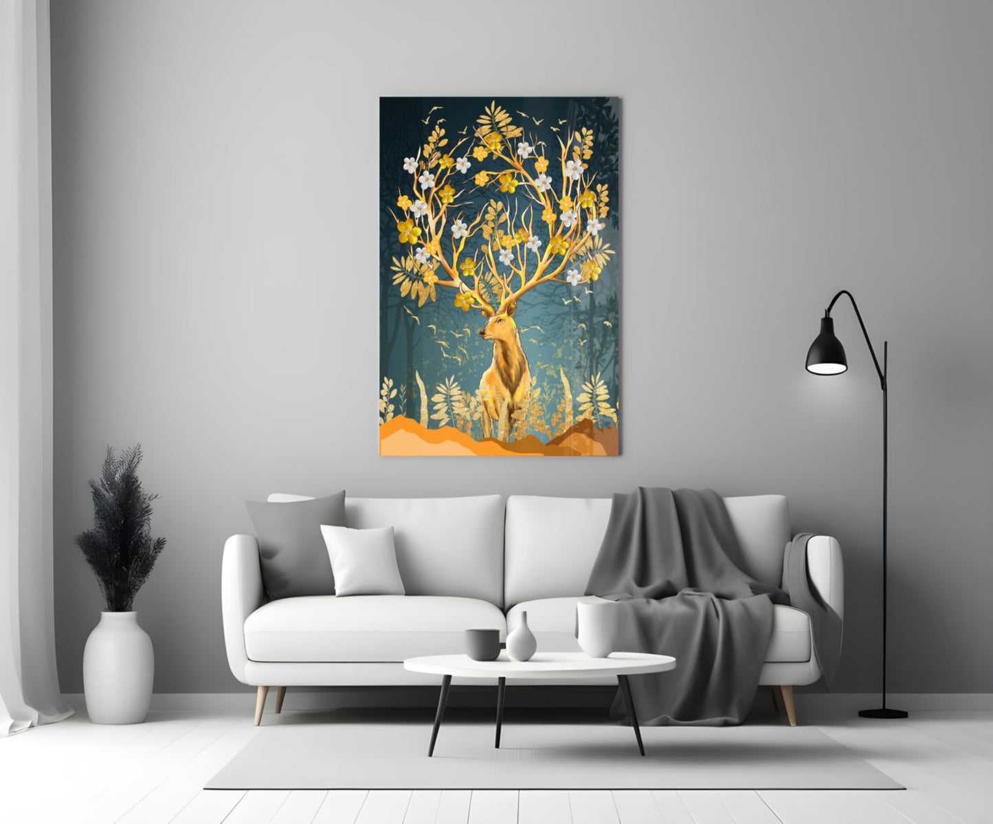 Golden Floral Antler Stag Glass Wall Art
