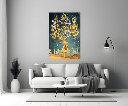 Golden Floral Antler Stag Glass Wall Art
