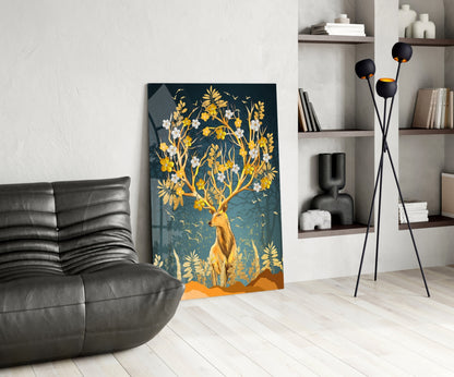 Golden Floral Antler Stag Glass Wall Art