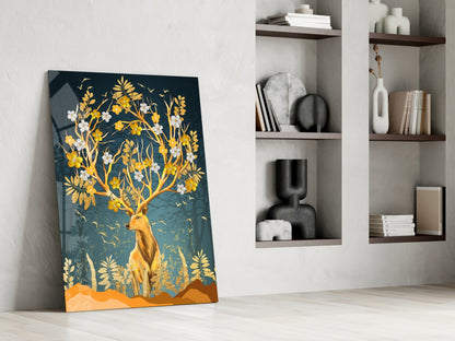 Golden Floral Antler Stag Glass Wall Art