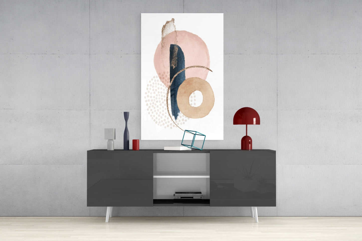 Blush Navy Gold Ring Dots Glass Wall Art