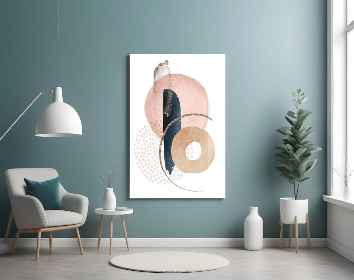 Blush Navy Gold Ring Dots Glass Wall Art