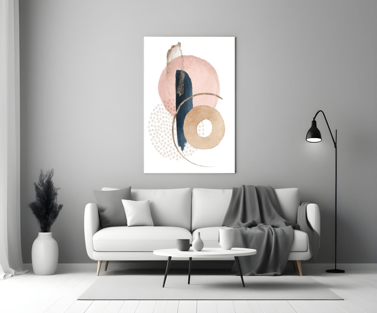 Blush Navy Gold Ring Dots Glass Wall Art