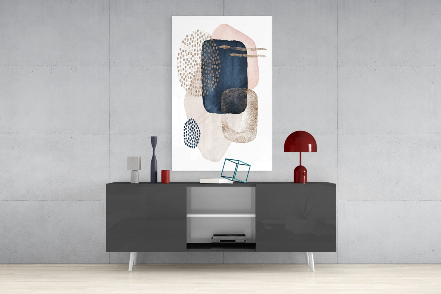 Navy Blush Gold Dotted Circles Glass Wall Art