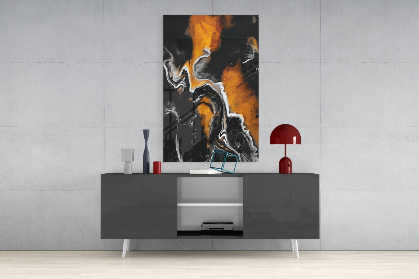 Orange Flame Black Fluid Glass Wall Art