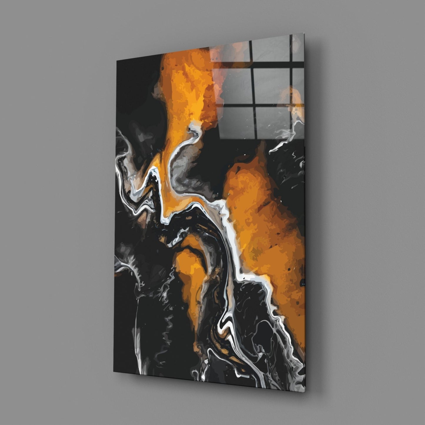 Orange Flame Black Fluid Glass Wall Art