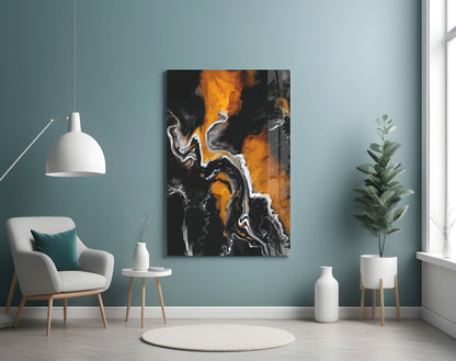 Orange Flame Black Fluid Glass Wall Art