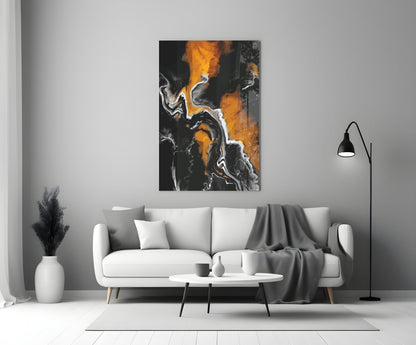 Orange Flame Black Fluid Glass Wall Art