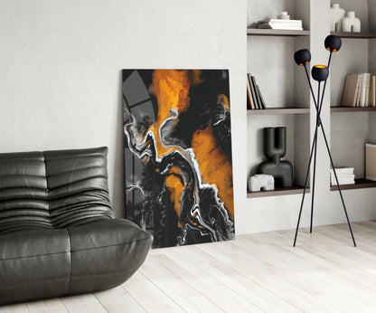 Orange Flame Black Fluid Glass Wall Art