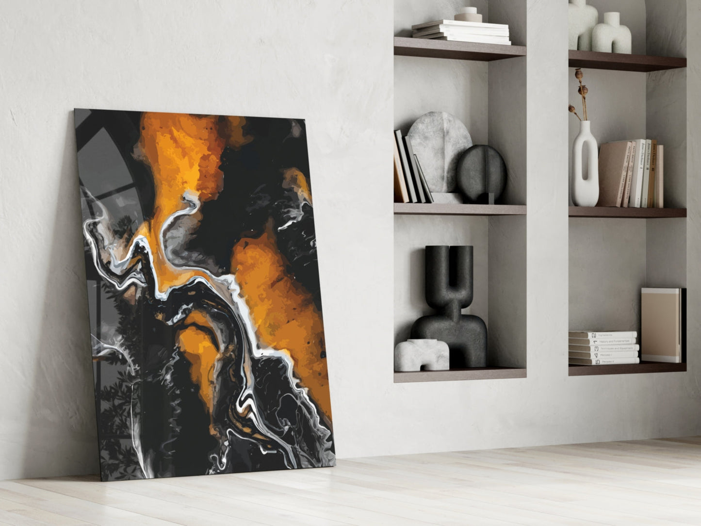Orange Flame Black Fluid Glass Wall Art