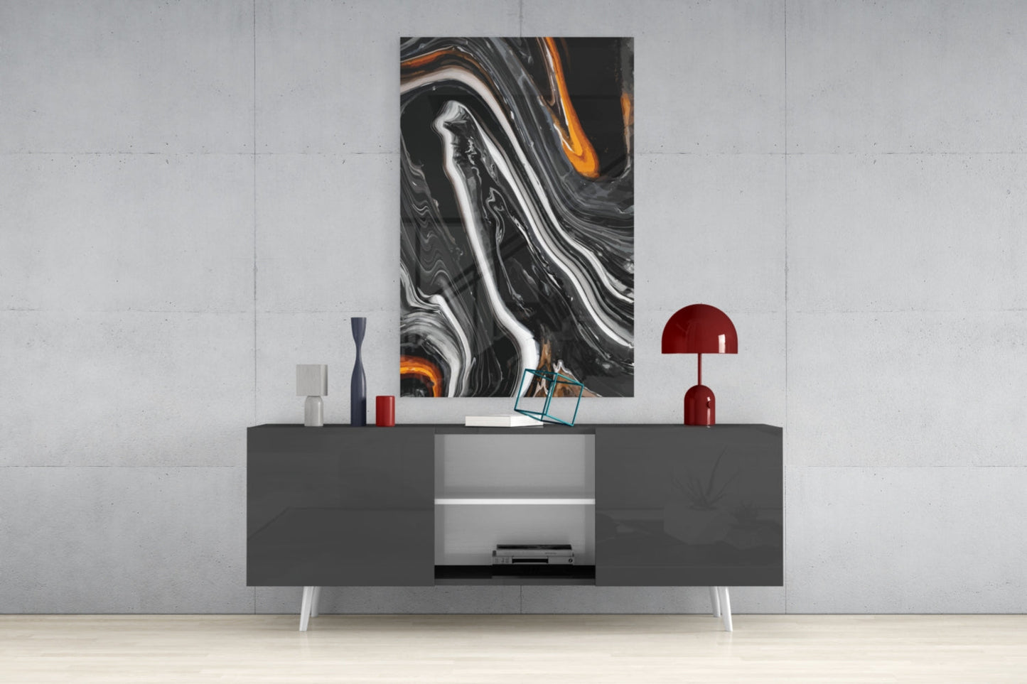 Black Agate Orange Swirl Glass Wall Art