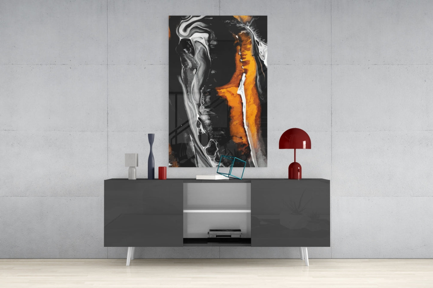 Orange Black Marble Swirl Glass Wall Art