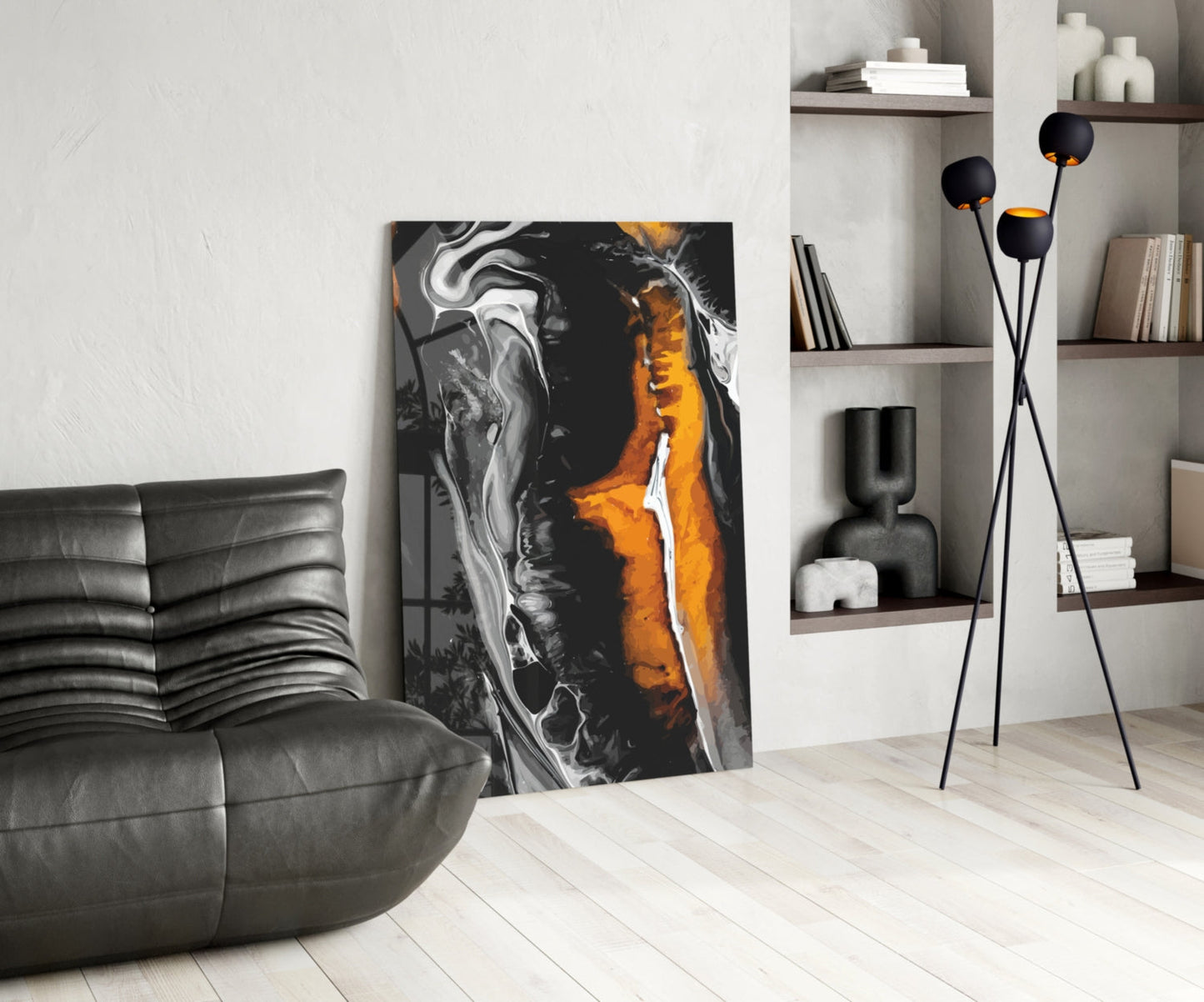 Orange Black Marble Swirl Glass Wall Art