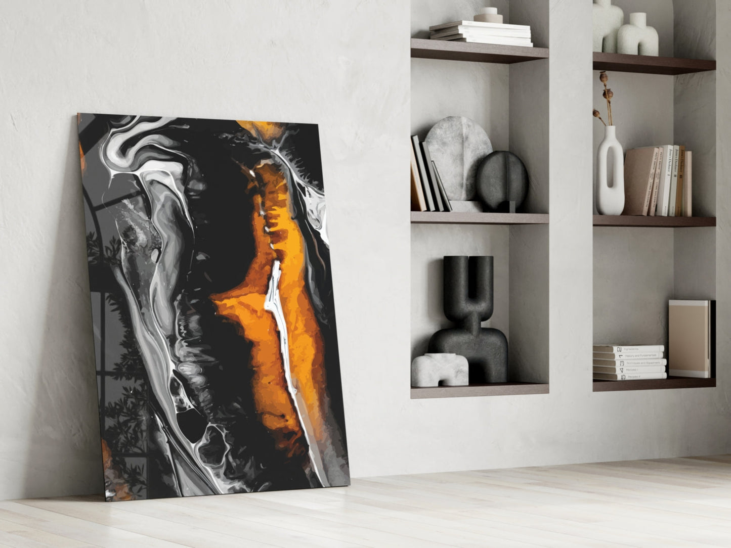 Orange Black Marble Swirl Glass Wall Art