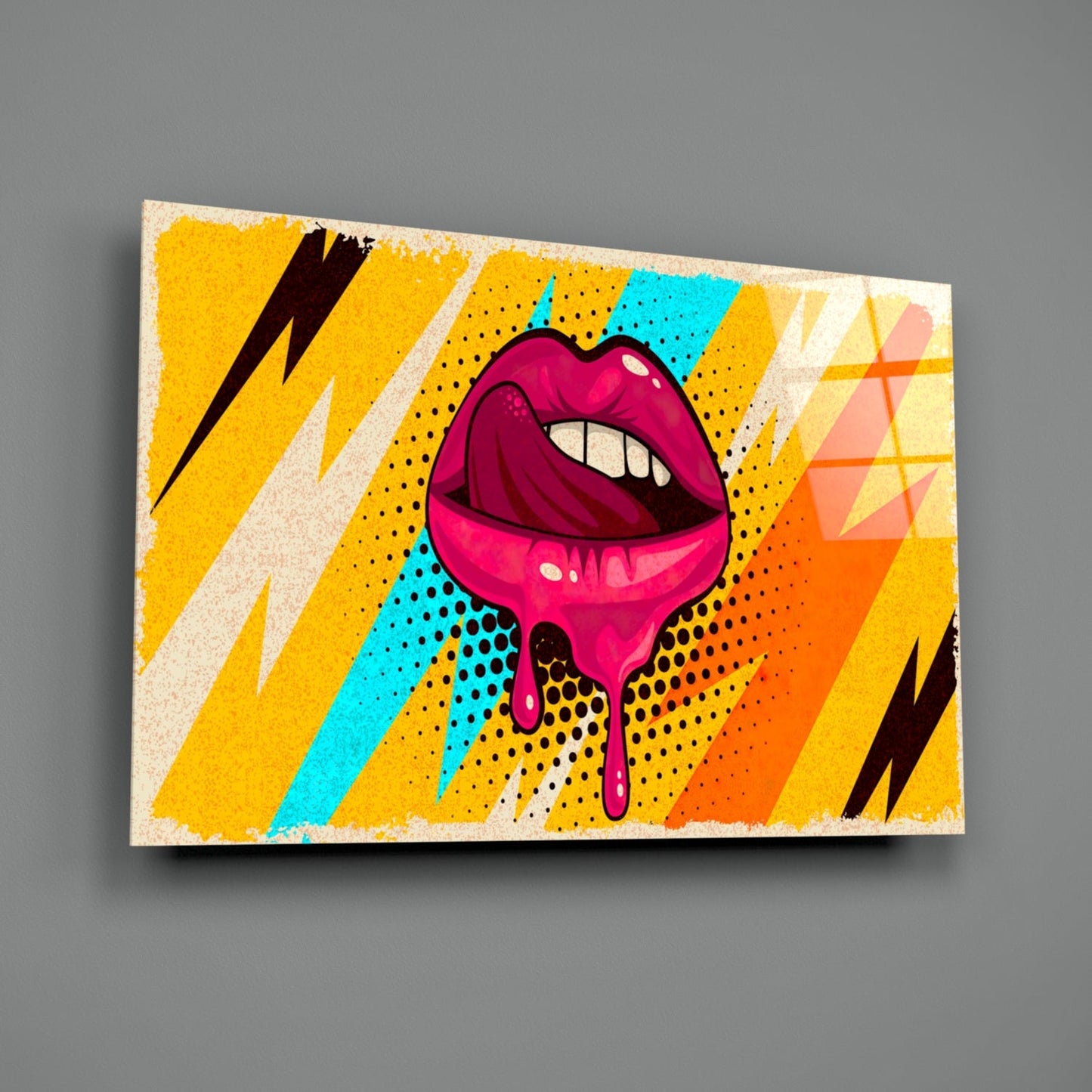 Pop Art Dripping Lips With Lightning Bolts Glass Wall Art